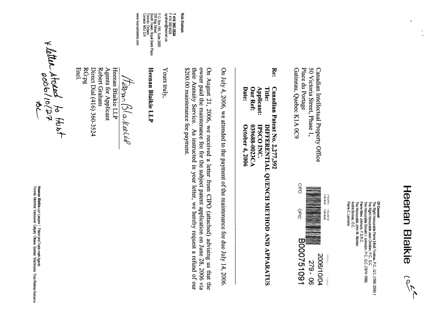 Document de brevet canadien 2277392. Correspondance 20061004. Image 1 de 2
