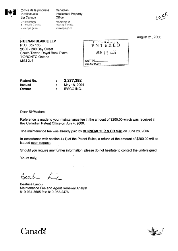 Document de brevet canadien 2277392. Correspondance 20061004. Image 2 de 2