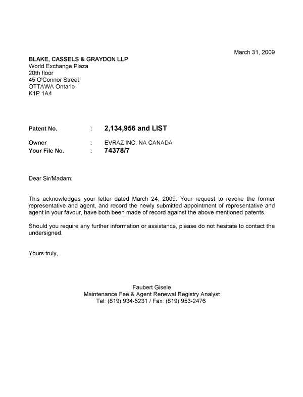 Document de brevet canadien 2277392. Correspondance 20090331. Image 1 de 1