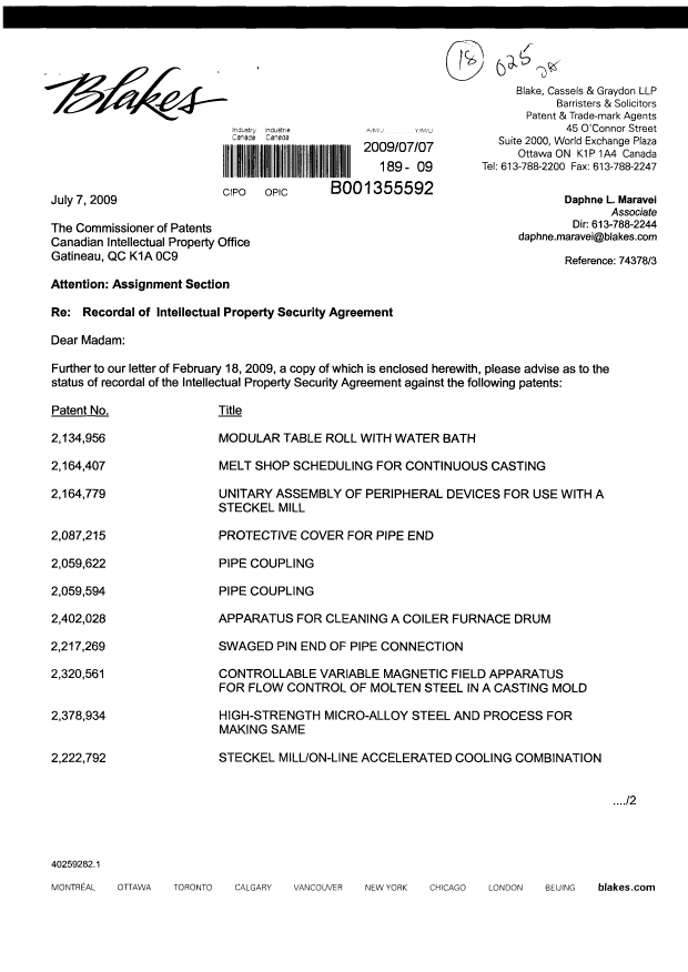 Document de brevet canadien 2277392. Cession 20090707. Image 1 de 17