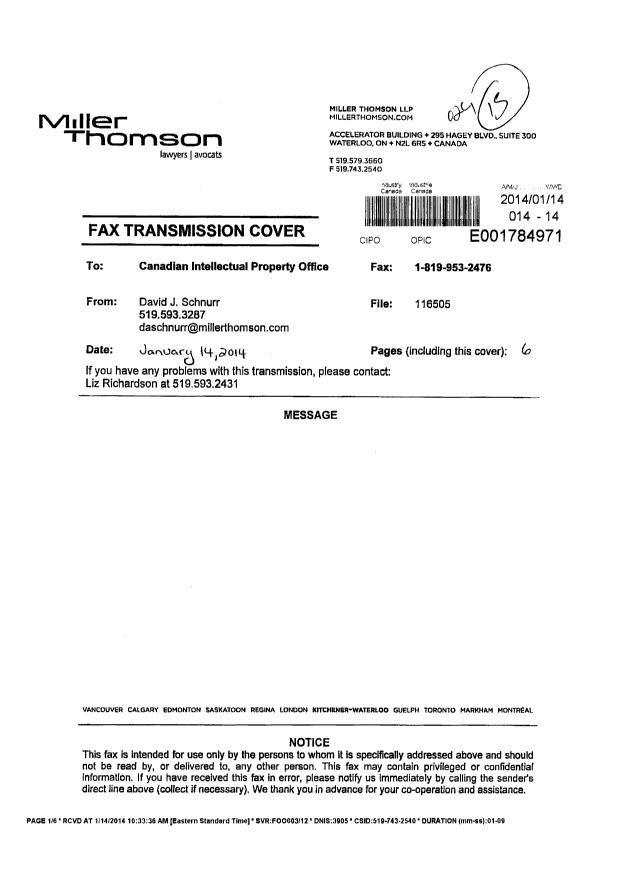 Document de brevet canadien 2277392. Correspondance 20140114. Image 1 de 6