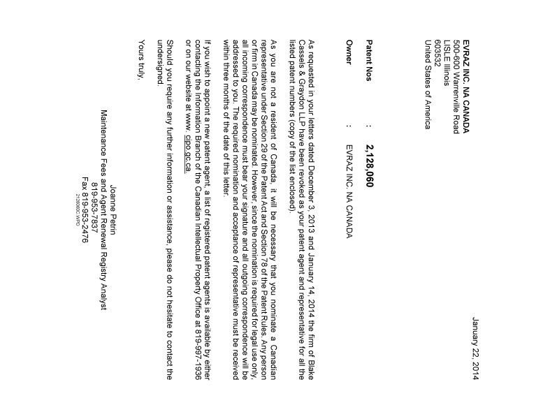 Document de brevet canadien 2277392. Correspondance 20140122. Image 1 de 1
