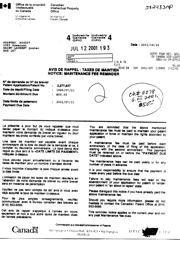 Canadian Patent Document 2277637. Fees 20010712. Image 1 of 1