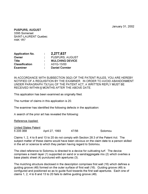 Canadian Patent Document 2277637. Prosecution-Amendment 20020131. Image 1 of 2