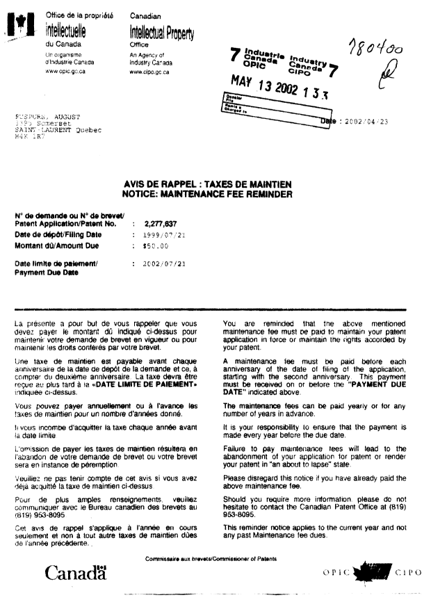 Document de brevet canadien 2277637. Taxes 20020513. Image 2 de 2