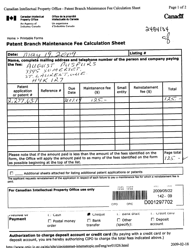 Document de brevet canadien 2277637. Taxes 20090522. Image 1 de 2