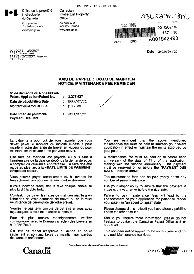 Canadian Patent Document 2277637. Fees 20100706. Image 1 of 1