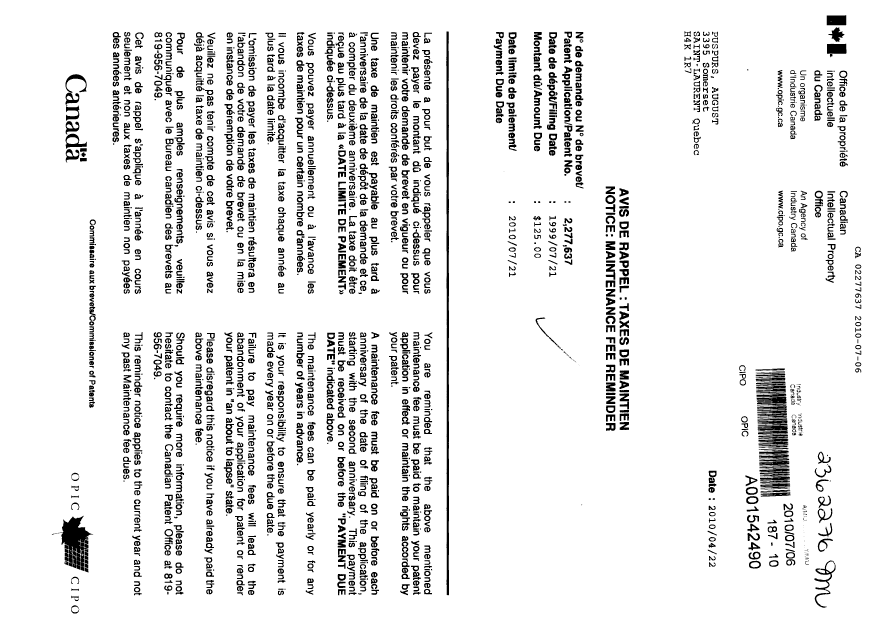 Document de brevet canadien 2277637. Taxes 20100706. Image 1 de 1
