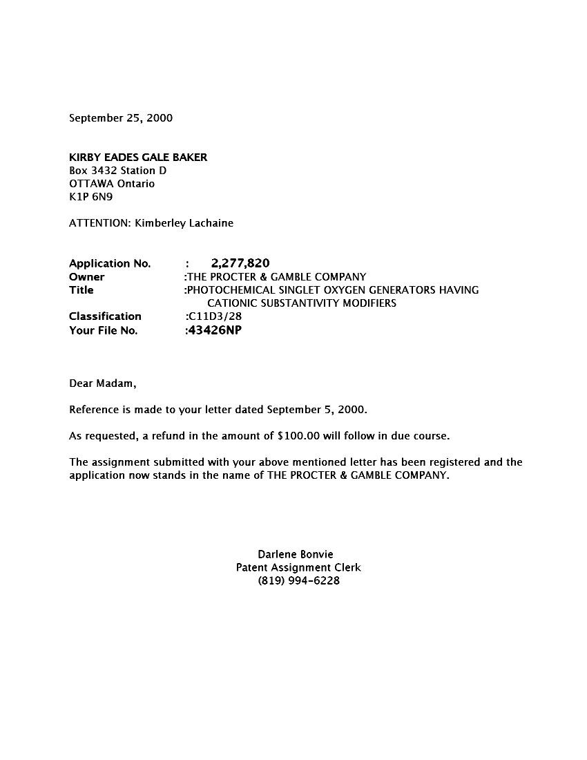 Document de brevet canadien 2277820. Correspondance 20000925. Image 1 de 1