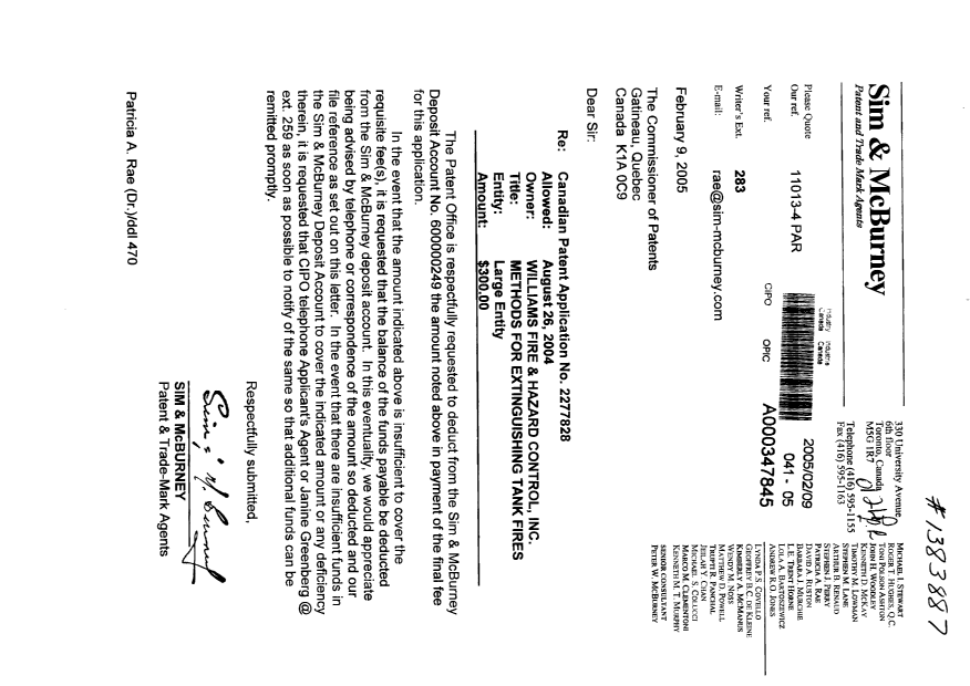 Document de brevet canadien 2277828. Correspondance 20050209. Image 1 de 1