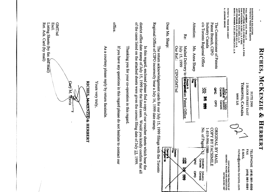 Canadian Patent Document 2278098. Prosecution-Amendment 19990726. Image 1 of 11