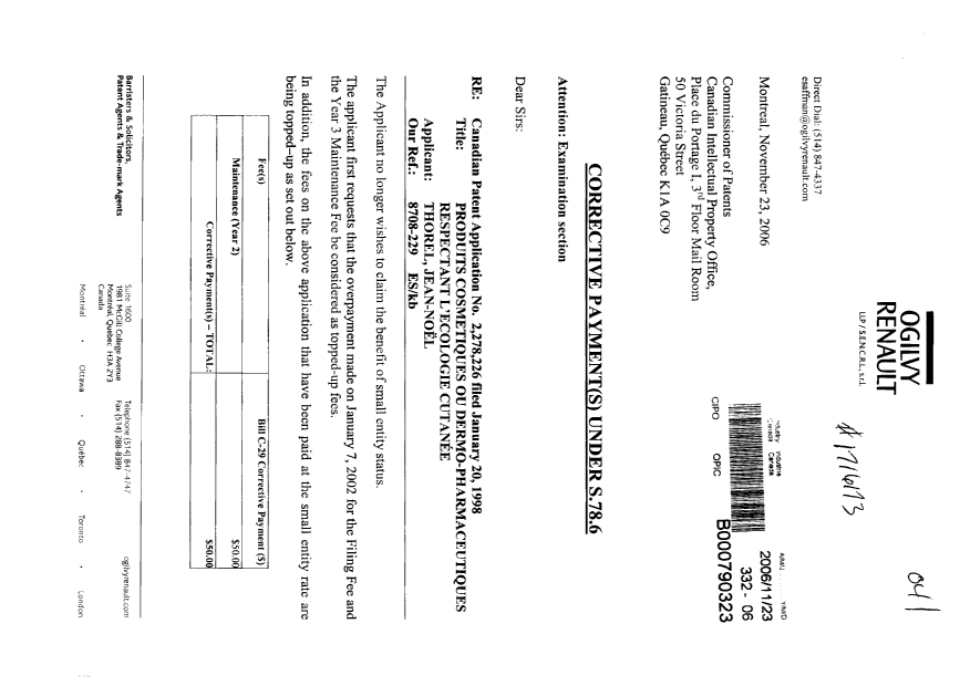 Document de brevet canadien 2278226. Poursuite-Amendment 20061123. Image 1 de 2