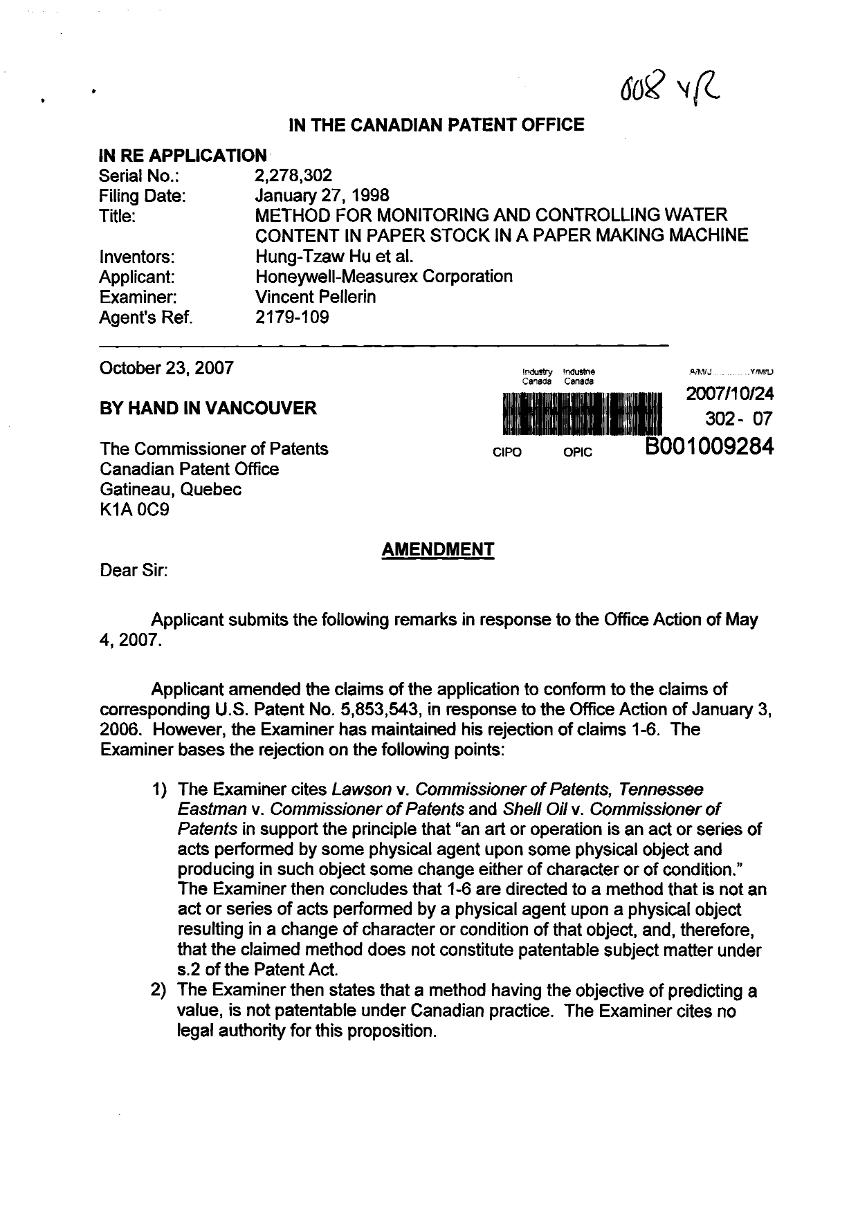 Canadian Patent Document 2278302. Prosecution-Amendment 20071024. Image 1 of 7