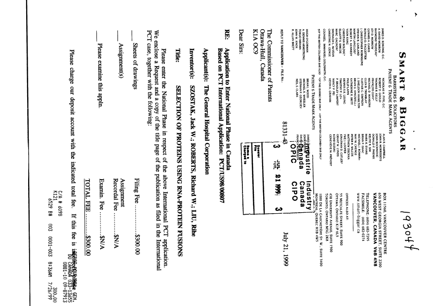 Document de brevet canadien 2278786. Cession 19990721. Image 1 de 4