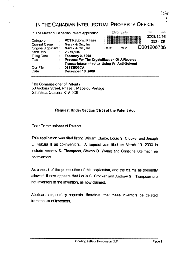 Document de brevet canadien 2279198. Correspondance 20071216. Image 1 de 4