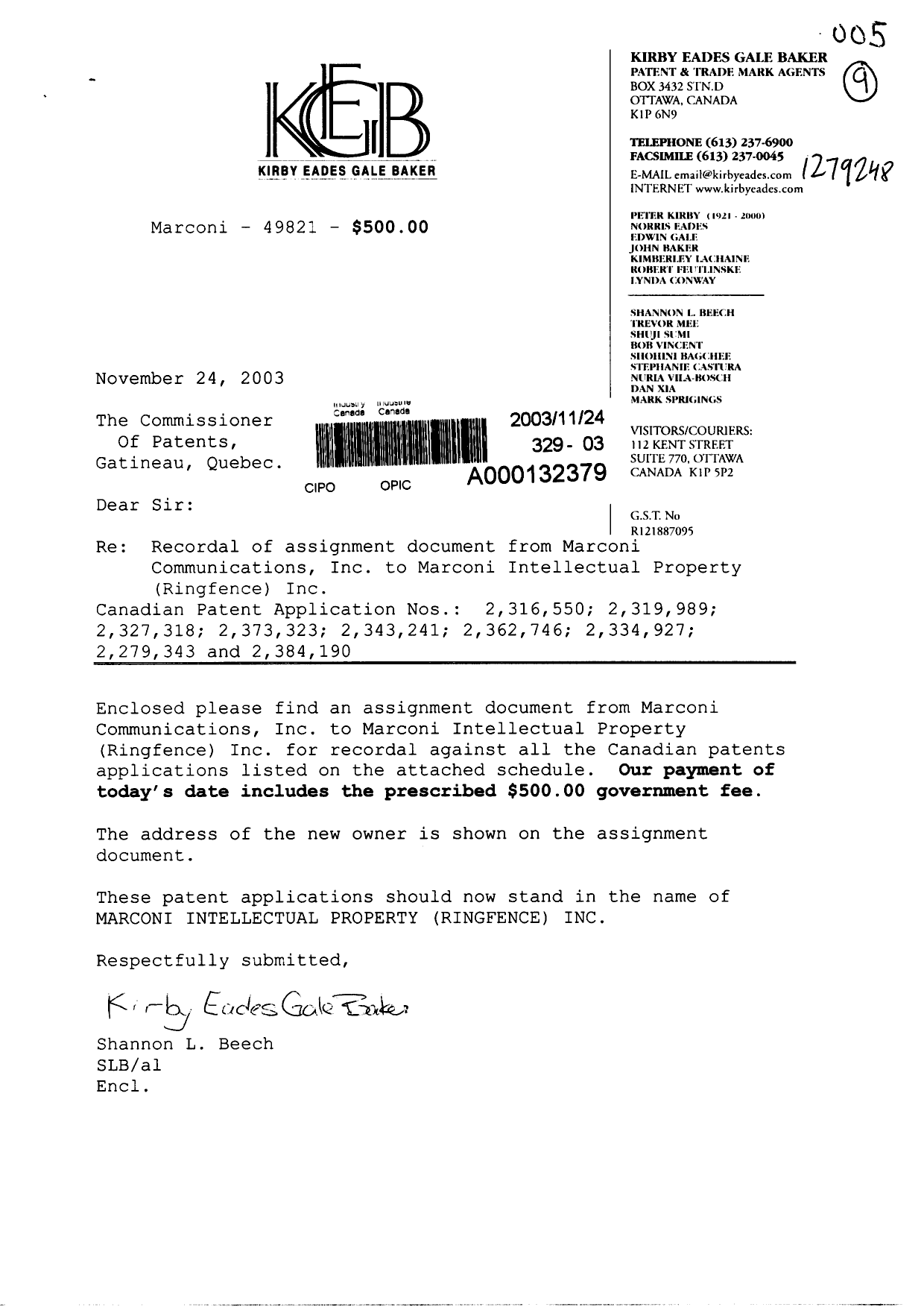Document de brevet canadien 2279343. Cession 20031124. Image 1 de 3