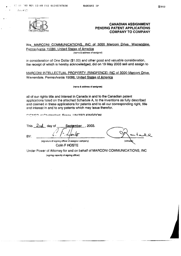 Document de brevet canadien 2279343. Cession 20031124. Image 2 de 3