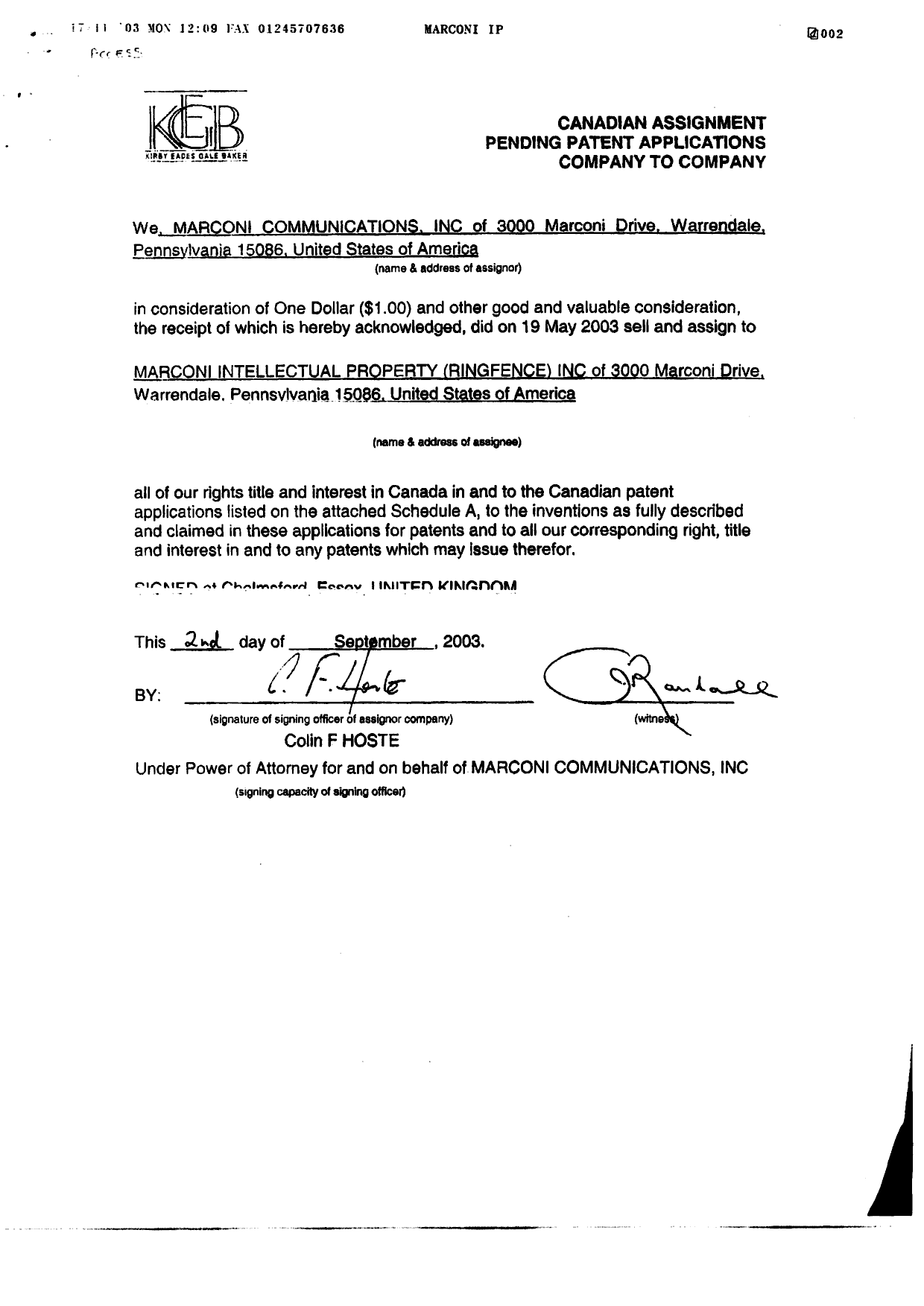 Canadian Patent Document 2279343. Assignment 20031124. Image 2 of 3