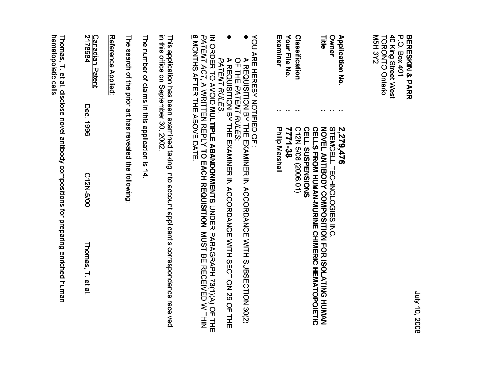 Canadian Patent Document 2279476. Prosecution-Amendment 20080710. Image 1 of 3