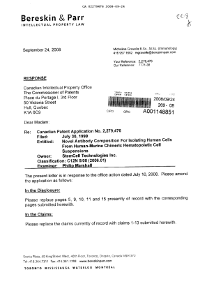 Canadian Patent Document 2279476. Prosecution-Amendment 20080924. Image 1 of 11