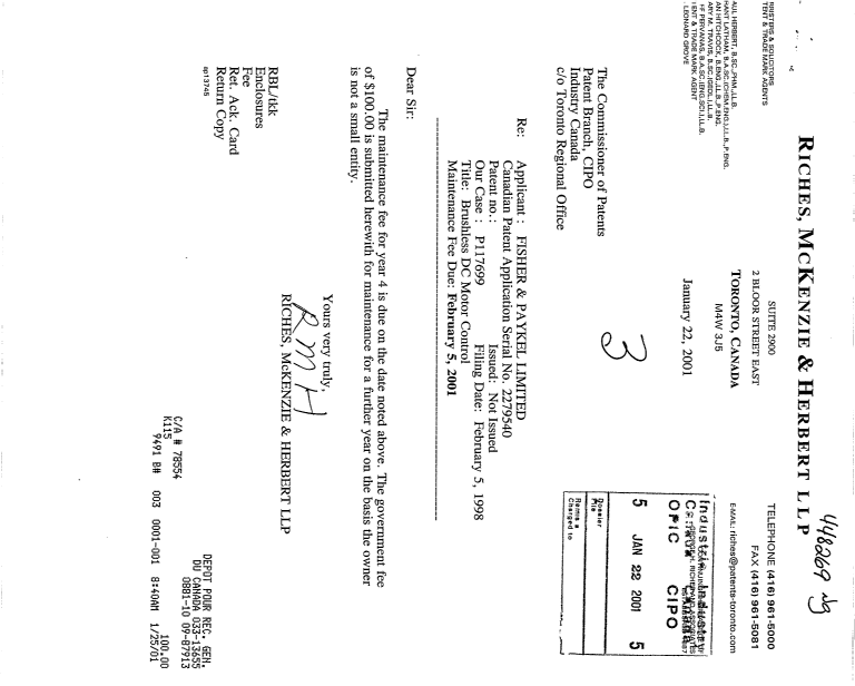 Document de brevet canadien 2279540. Taxes 20010122. Image 1 de 1