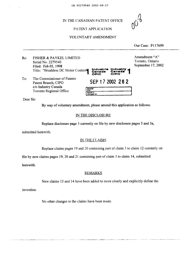 Canadian Patent Document 2279540. Prosecution-Amendment 20020917. Image 1 of 8