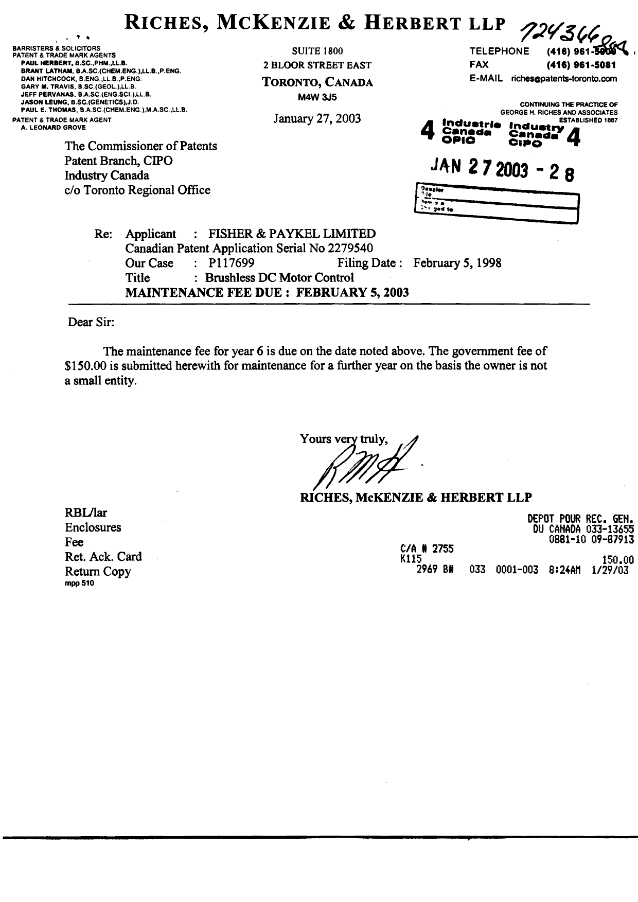 Document de brevet canadien 2279540. Taxes 20030127. Image 1 de 1