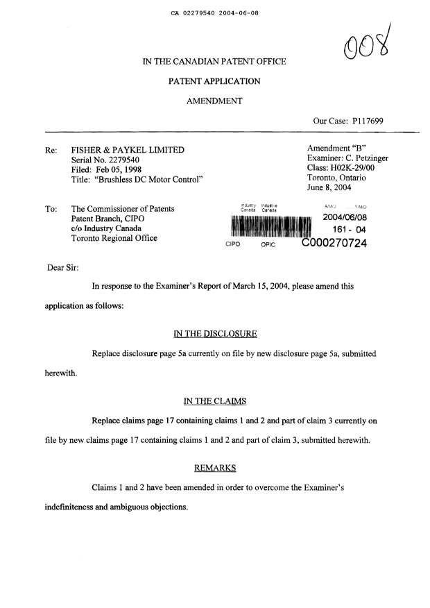 Canadian Patent Document 2279540. Prosecution-Amendment 20040608. Image 1 of 4