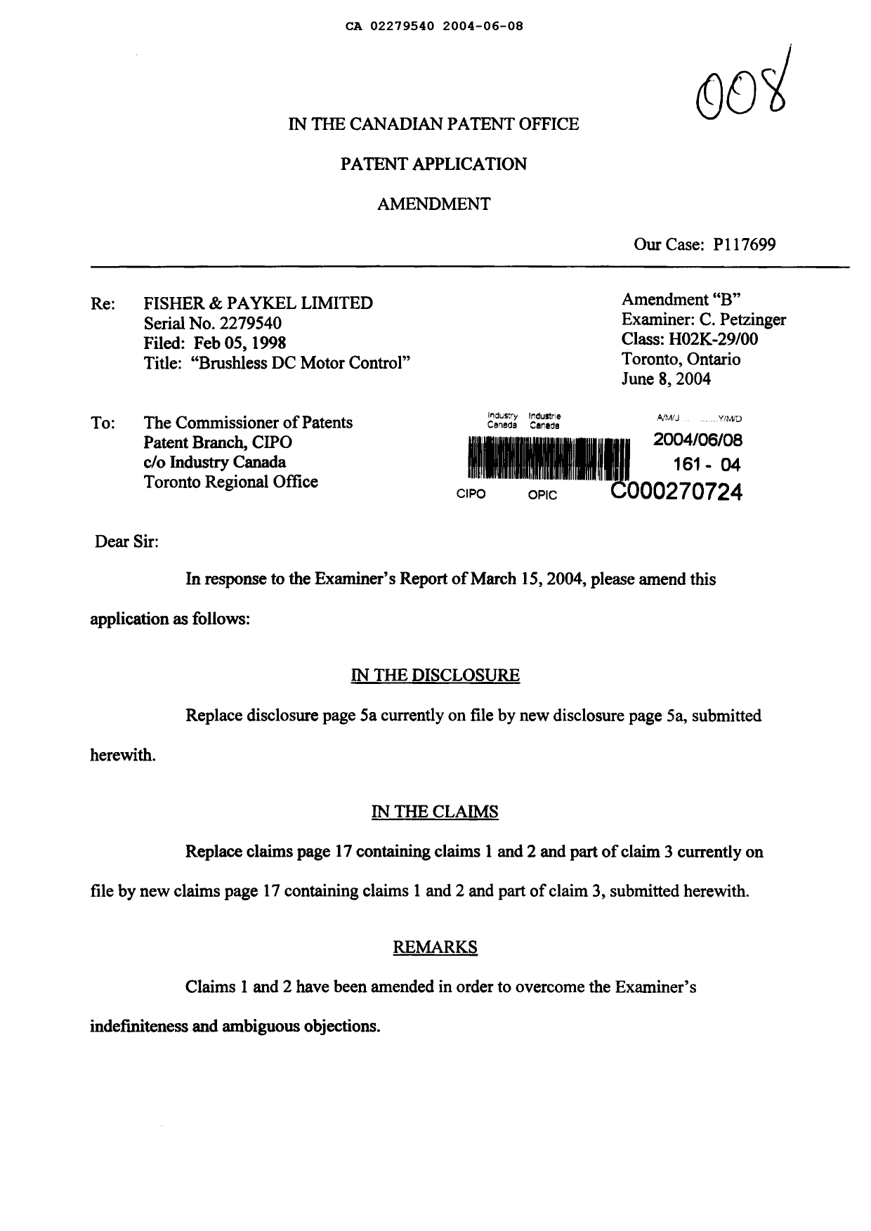 Document de brevet canadien 2279540. Poursuite-Amendment 20040608. Image 1 de 4