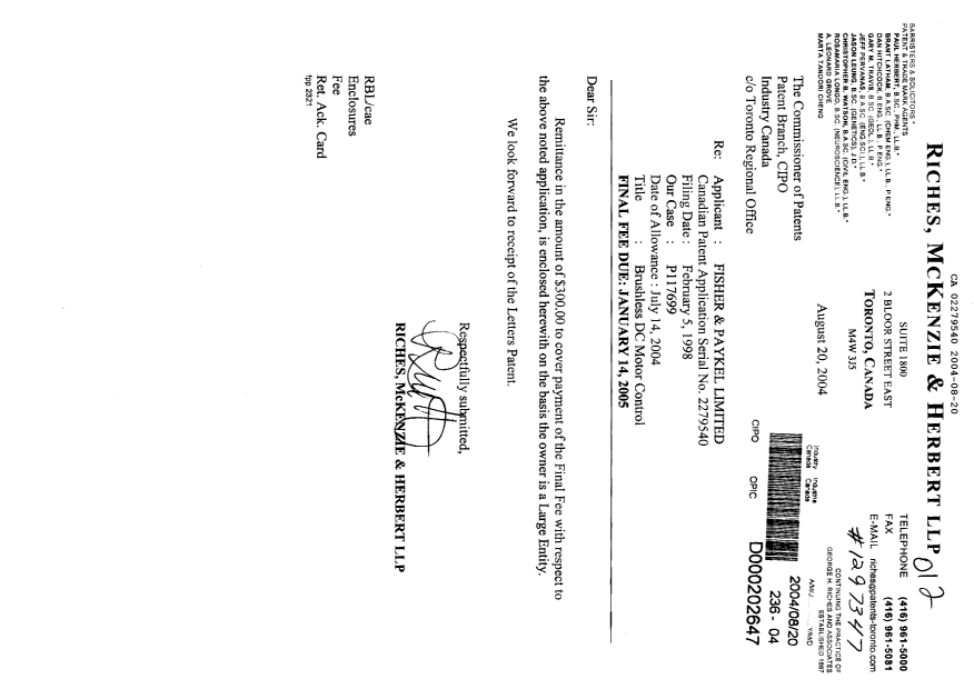 Document de brevet canadien 2279540. Correspondance 20040820. Image 1 de 1