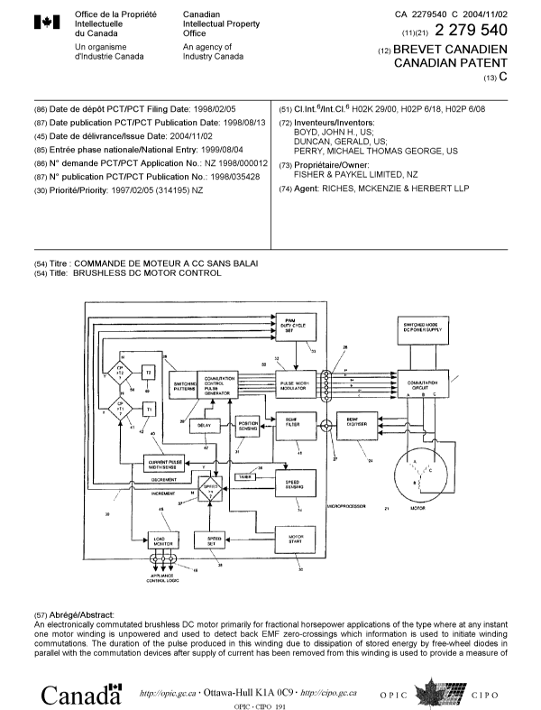 Canadian Patent Document 2279540. Cover Page 20041004. Image 1 of 2