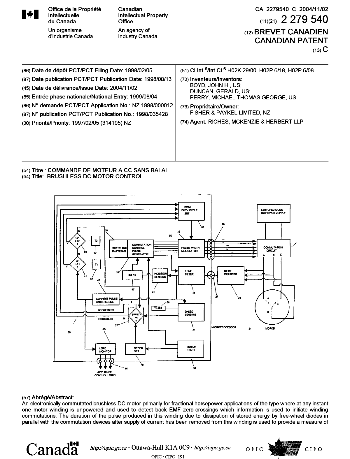 Document de brevet canadien 2279540. Page couverture 20041004. Image 1 de 2