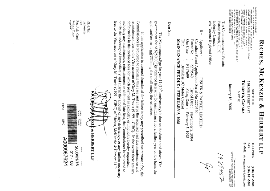Document de brevet canadien 2279540. Taxes 20080116. Image 1 de 1