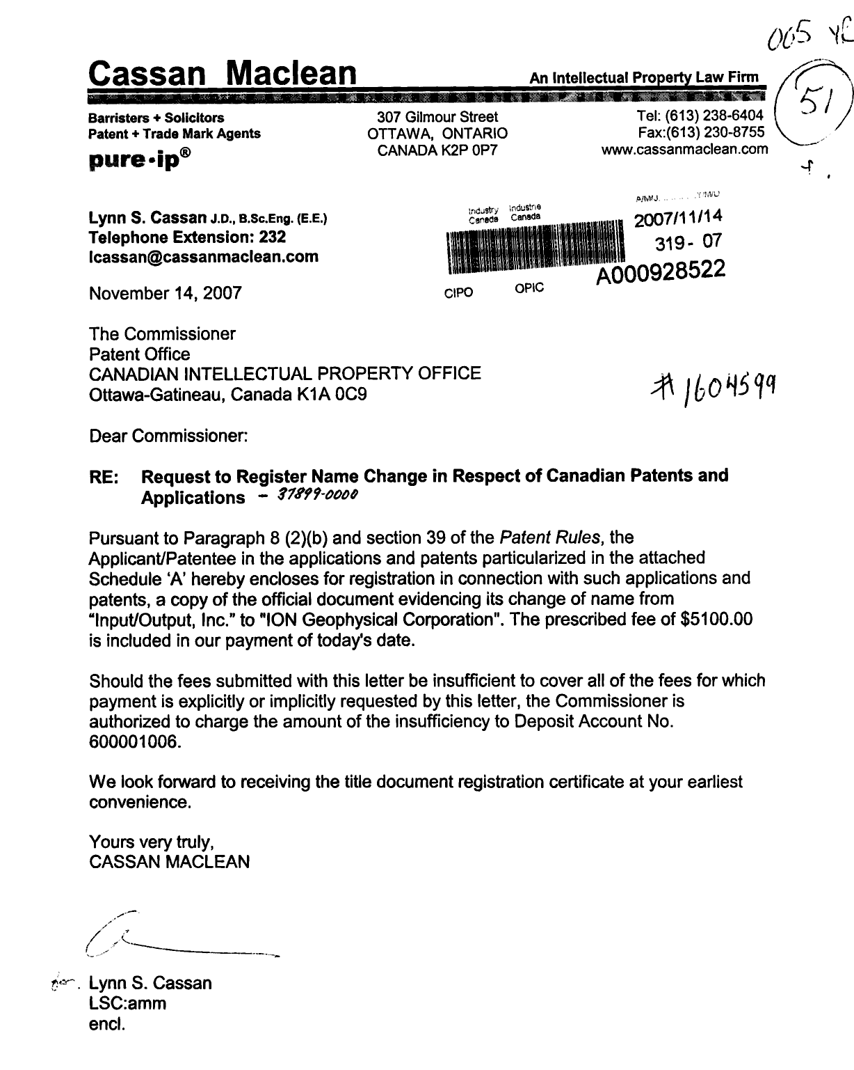 Document de brevet canadien 2279694. Cession 20071114. Image 1 de 6