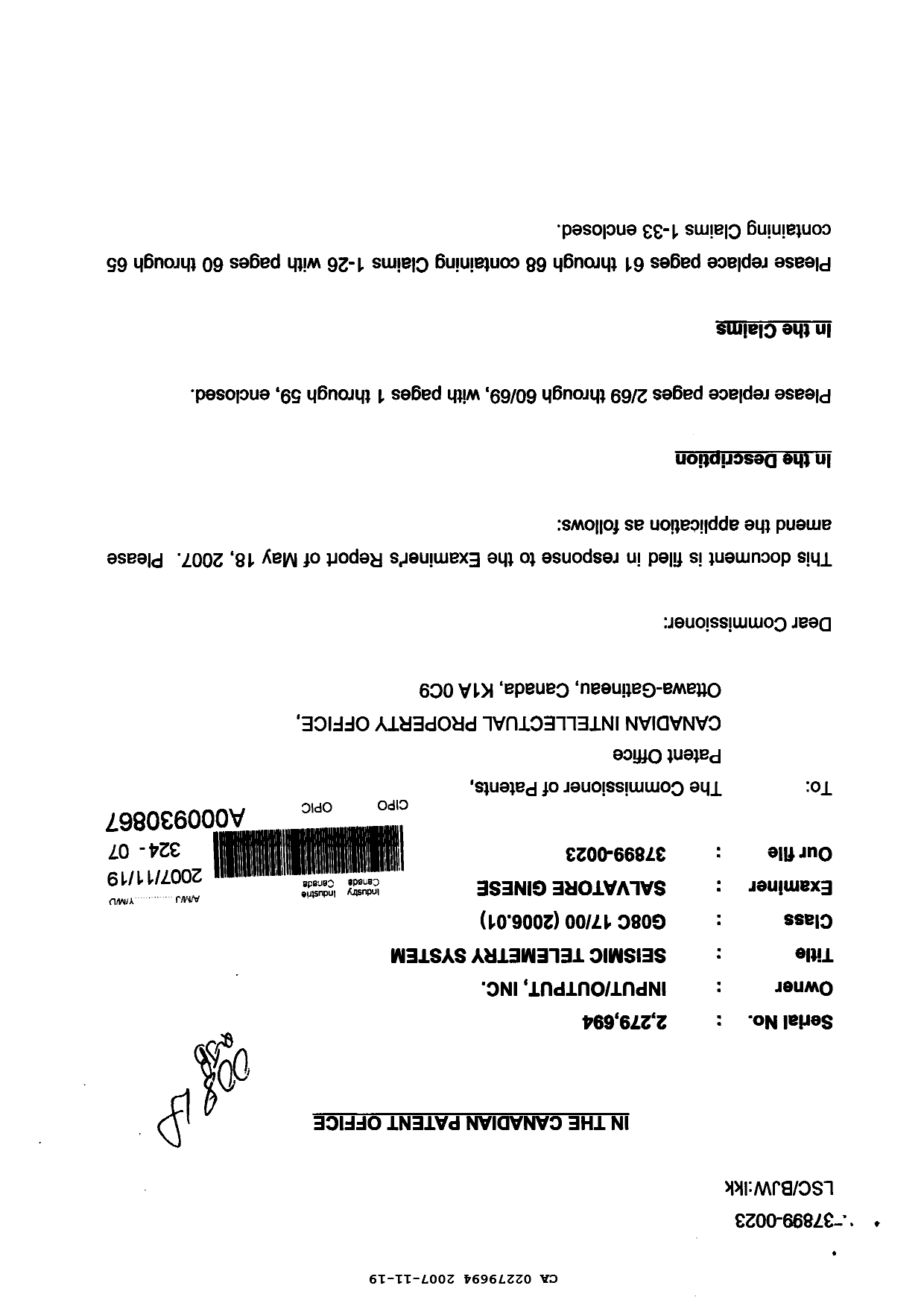 Canadian Patent Document 2279694. Prosecution-Amendment 20071119. Image 1 of 69