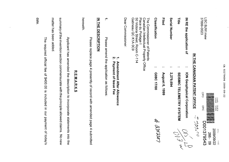 Document de brevet canadien 2279694. Correspondance 20090922. Image 1 de 2