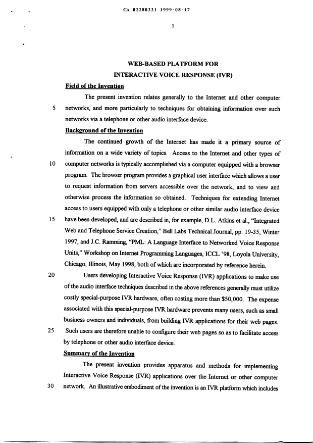 Canadian Patent Document 2280331. Description 19990817. Image 1 of 23