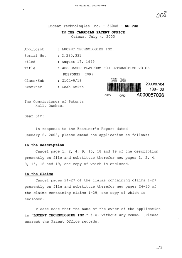 Canadian Patent Document 2280331. Prosecution-Amendment 20030704. Image 1 of 17