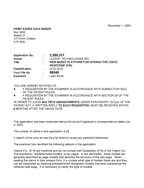 Canadian Patent Document 2280331. Prosecution-Amendment 20031201. Image 1 of 2