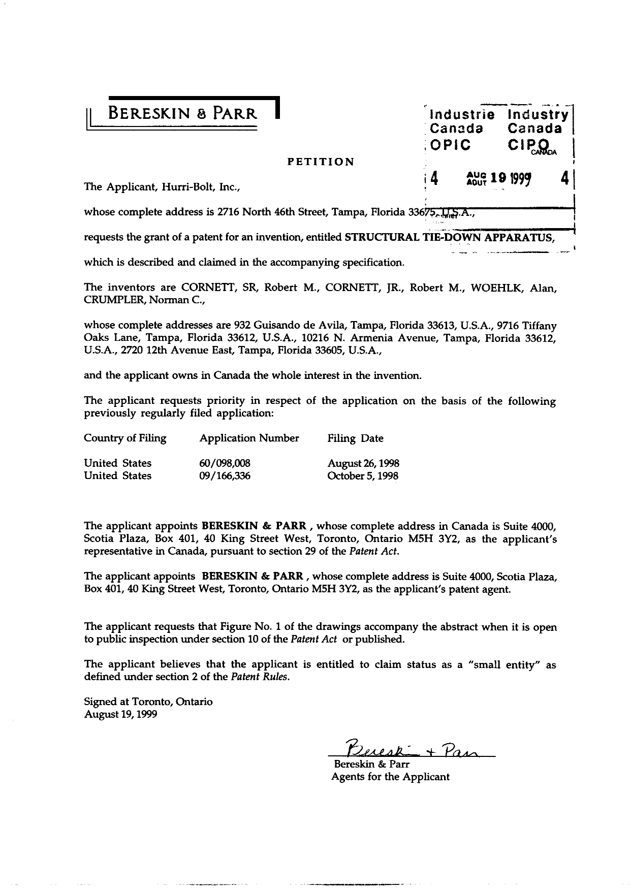 Canadian Patent Document 2280569. Assignment 19990819. Image 2 of 10