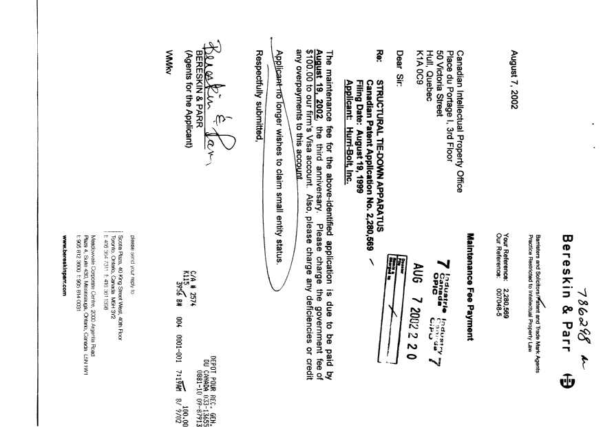 Document de brevet canadien 2280569. Taxes 20020807. Image 1 de 1