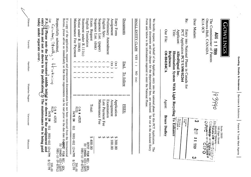 Document de brevet canadien 2280739. Cession 19990811. Image 1 de 9