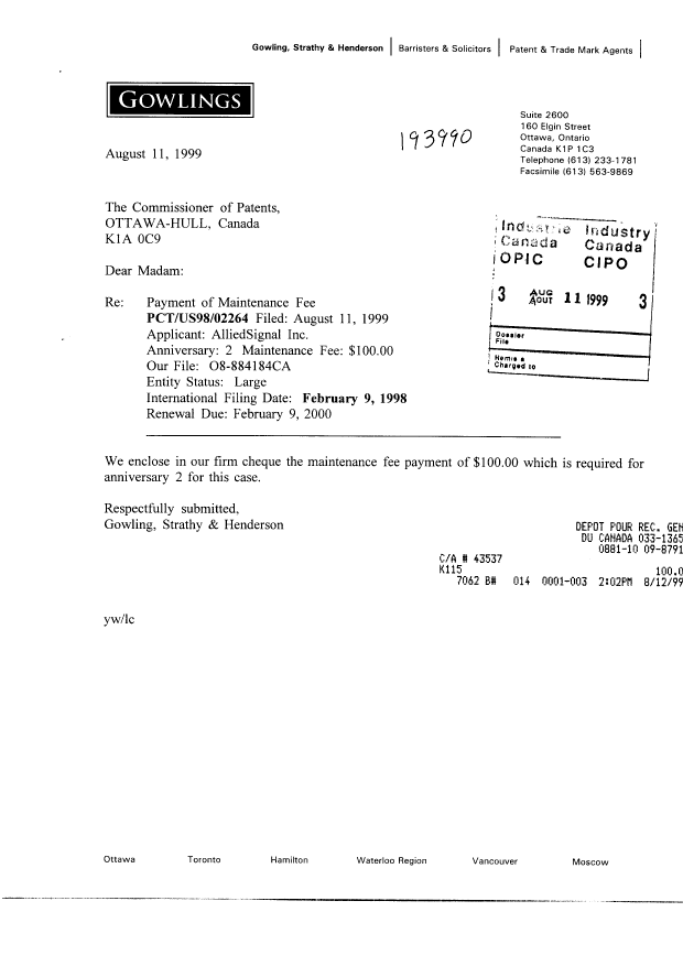 Document de brevet canadien 2280739. Cession 19990811. Image 2 de 9