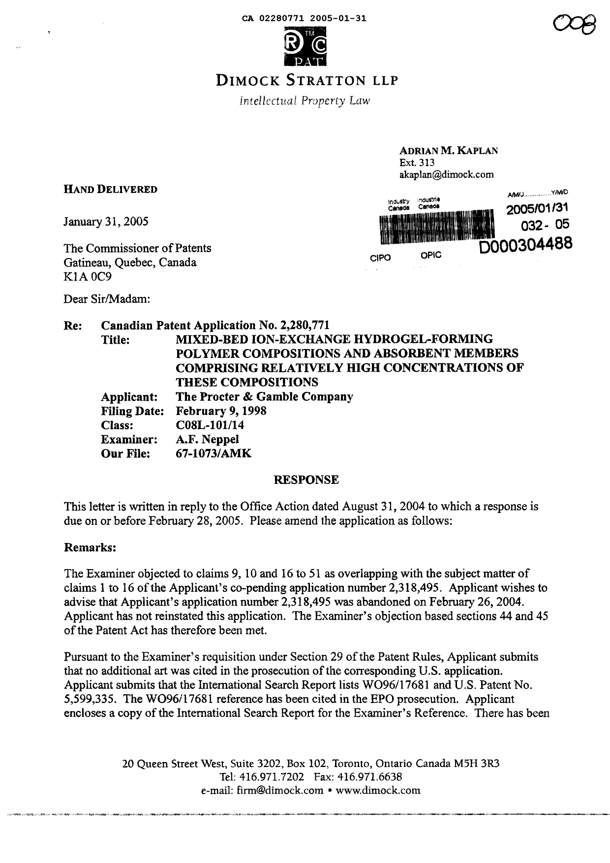 Document de brevet canadien 2280771. Poursuite-Amendment 20050131. Image 1 de 2