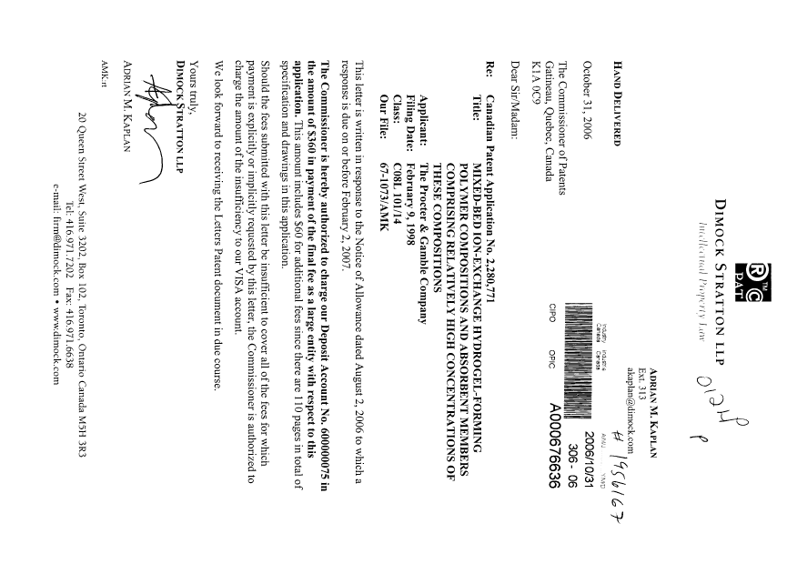 Document de brevet canadien 2280771. Correspondance 20061031. Image 1 de 1