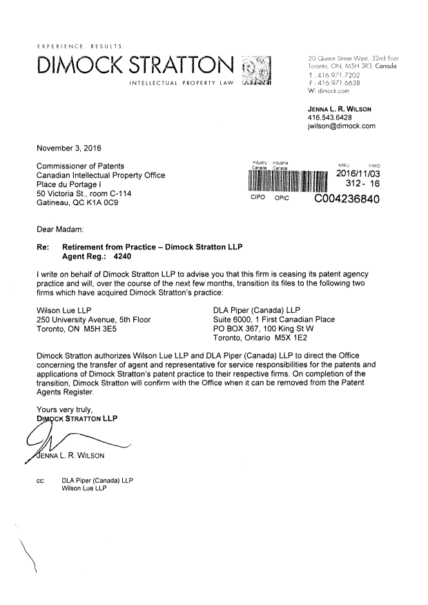 Document de brevet canadien 2280771. Correspondance 20161103. Image 2 de 3