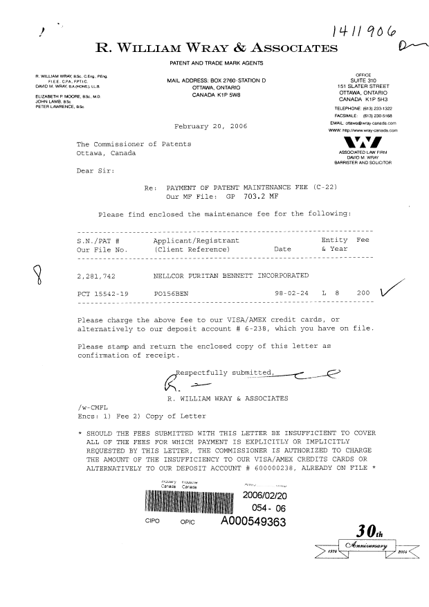Document de brevet canadien 2281742. Taxes 20060220. Image 1 de 1