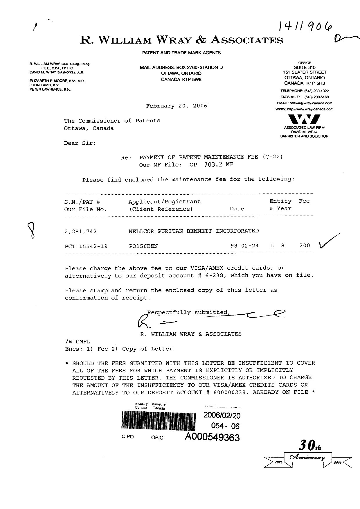 Document de brevet canadien 2281742. Taxes 20060220. Image 1 de 1