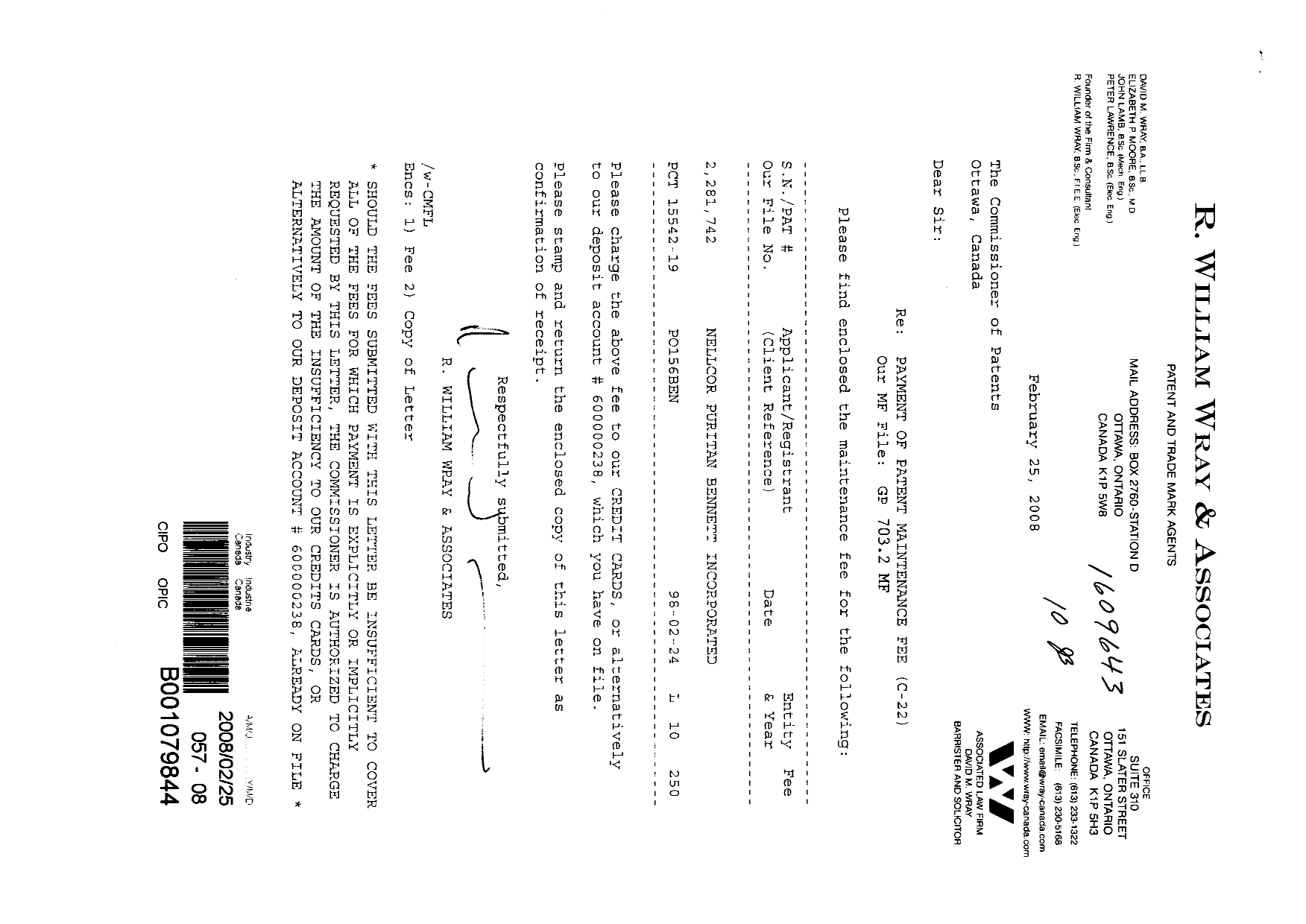 Canadian Patent Document 2281742. Fees 20080225. Image 1 of 1