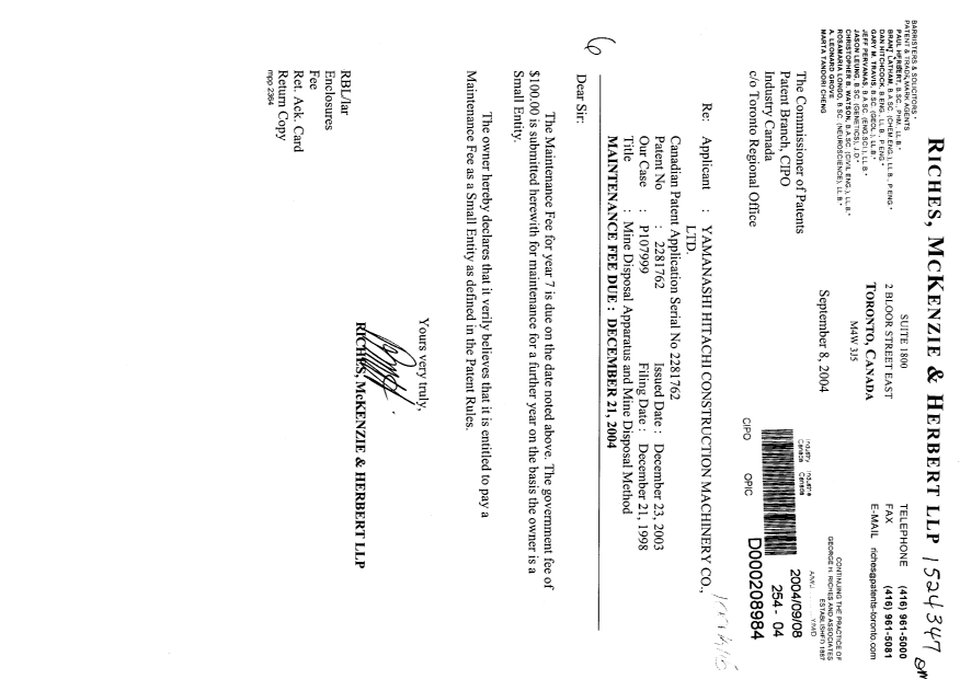 Document de brevet canadien 2281762. Taxes 20040908. Image 1 de 1